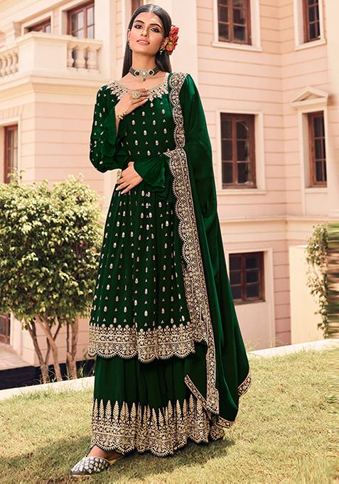 Green Embroidered Georgette Anarkali Set