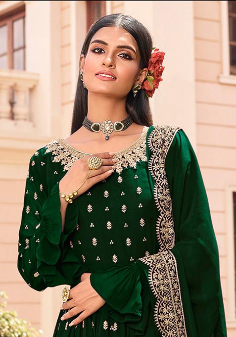 Green Embroidered Georgette Anarkali Set