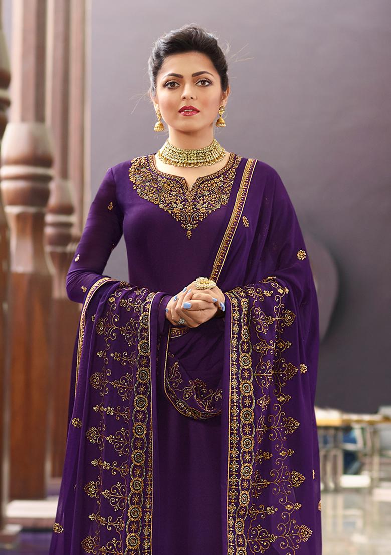 Purple Embroidered Georgette Kurta Set