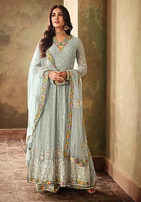 Blue Embroidered Georgette Palazzo Set