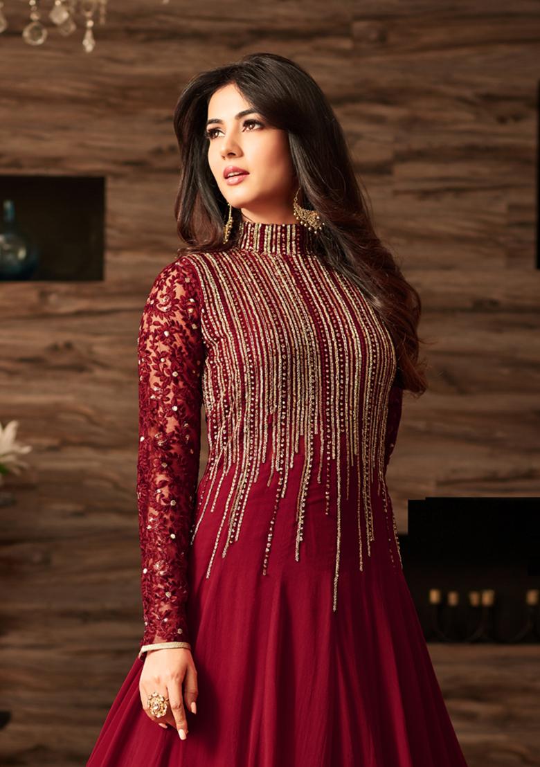 Maroon Embroidered Net Kurta Set