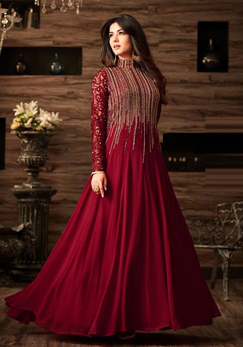 Maroon Embroidered Net Kurta Set