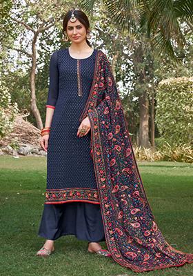 Blue Embroidered Georgette Palazzo Set