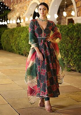 Blue Printed Muslin Anarkali Set