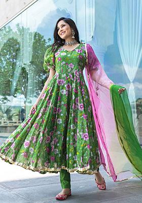 Green Printed Art Silk Anarkali Set