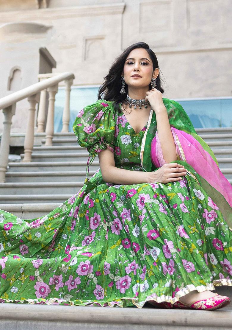 Green Printed Art Silk Anarkali Set