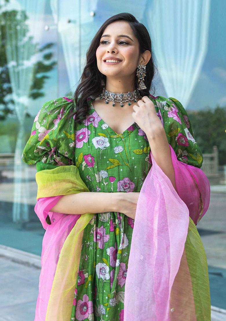 Green Printed Art Silk Anarkali Set