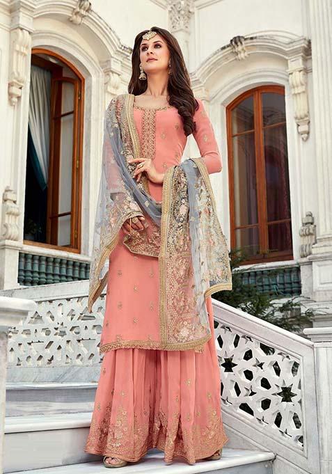 Peach Embroidered Georgette Palazzo Set