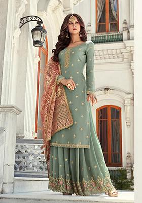 Blue Embroidered Georgette Palazzo Set