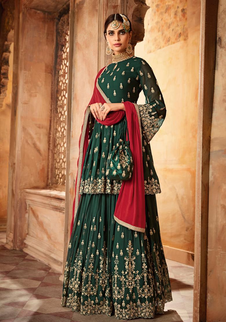 Green Embroidered Georgette Sharara Set