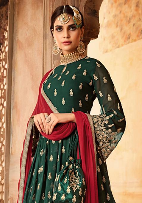 Green Embroidered Georgette Sharara Set