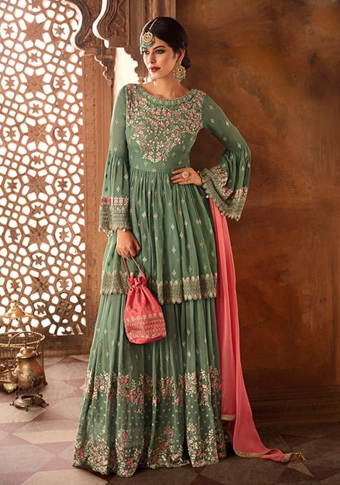 Green Embroidered Georgette Sharara Set