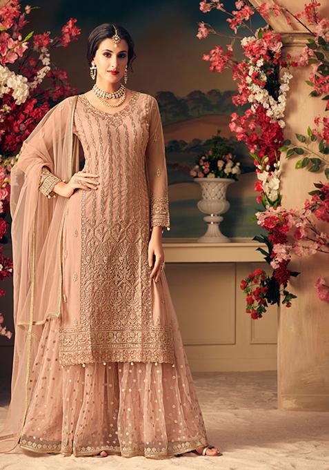 Peach Embroidered Net Palazzo Set