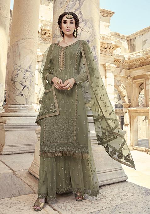 Green Embroidered Georgette Palazzo Set