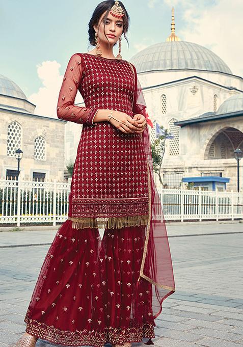 Maroon Embroidered Net Sharara Set