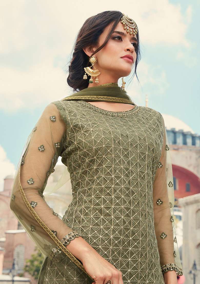 Olive Green Embroidered Net Sharara Set - Indya