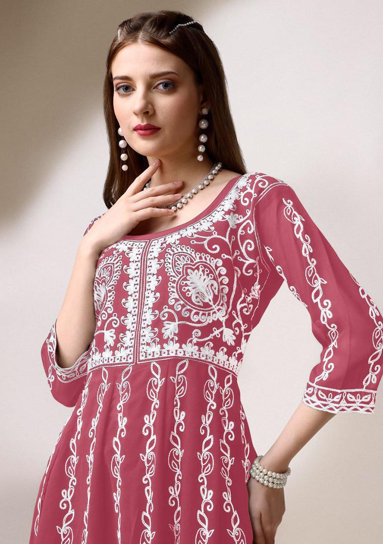 Off Pink Chikankari Embroidered Georgette Anarkali Kurta With Dupatta