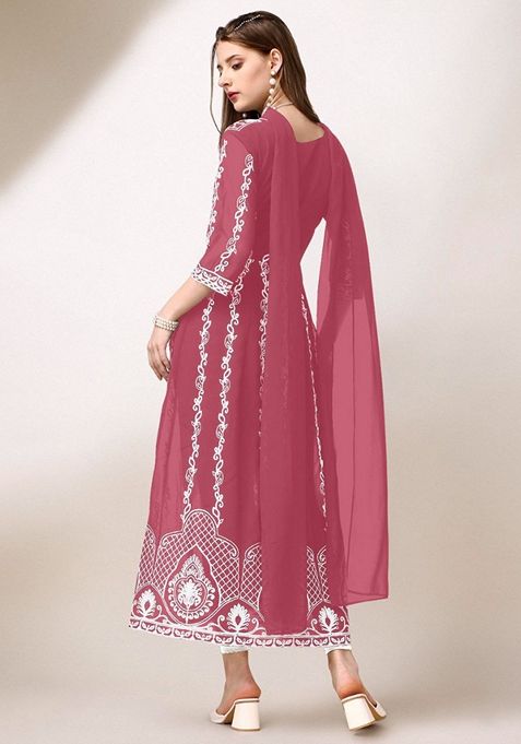 Off Pink Chikankari Embroidered Georgette Anarkali Kurta With Dupatta