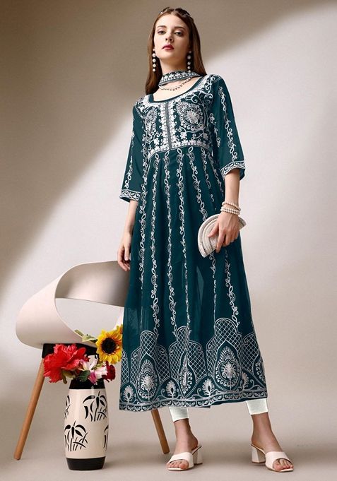 Green Chikankari Embroidered Georgette Anarkali Kurta With Dupatta