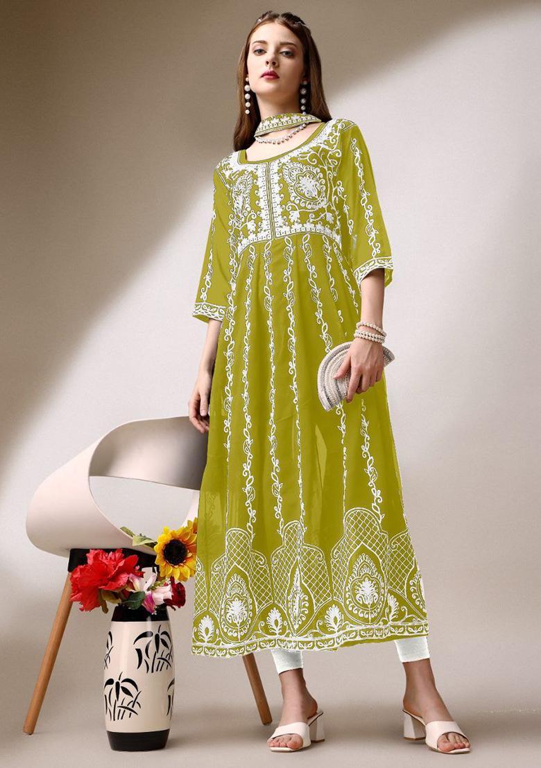 Yellow Chikankari Embroidered Georgette Anarkali Kurta With Dupatta