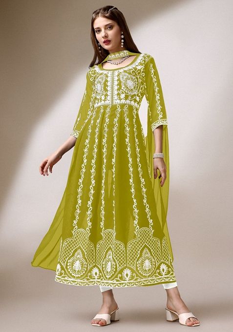 Yellow Chikankari Embroidered Georgette Anarkali Kurta With Dupatta