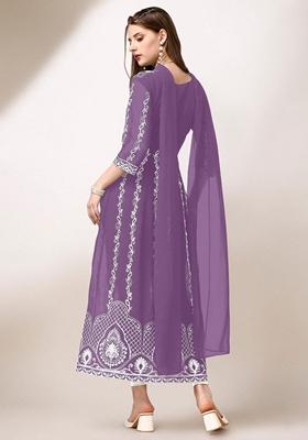 Purple Chikankari Embroidered Georgette Anarkali Kurta With Dupatta