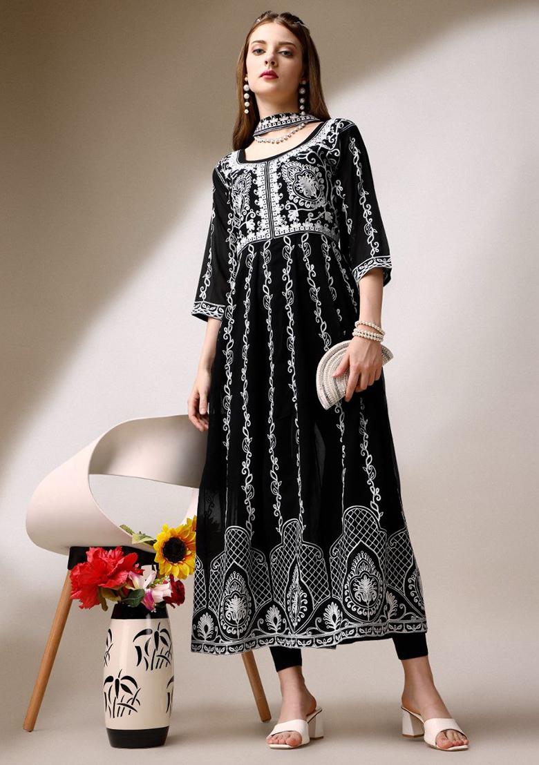 Black Chikankari Embroidered Georgette Anarkali Kurta With Dupatta
