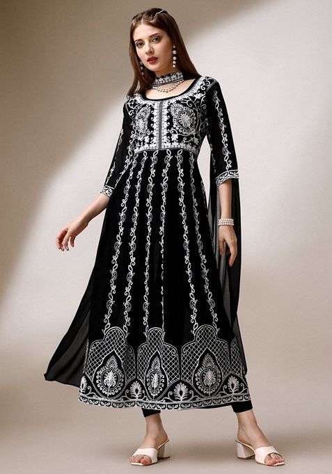 Black Chikankari Embroidered Georgette Anarkali Kurta With Dupatta