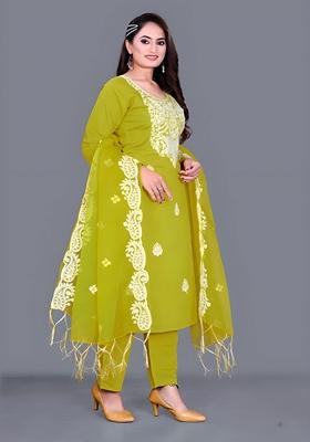 Avocado Green Embroidered Chanderi Cotton Kurta Set