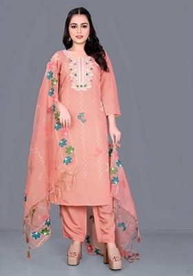 Orange Embroidered Chanderi Cotton Kurta Set