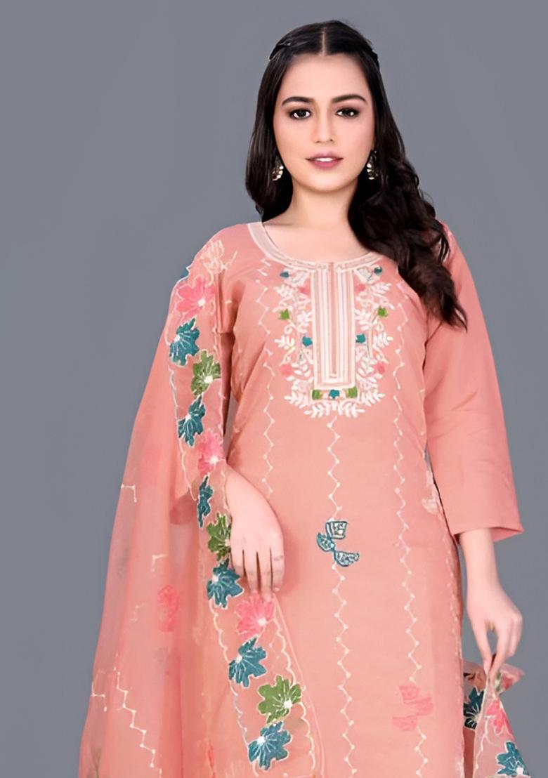 Orange Embroidered Chanderi Cotton Kurta Set