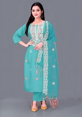 Sky Blue Embroidered Chanderi Cotton Kurta Set