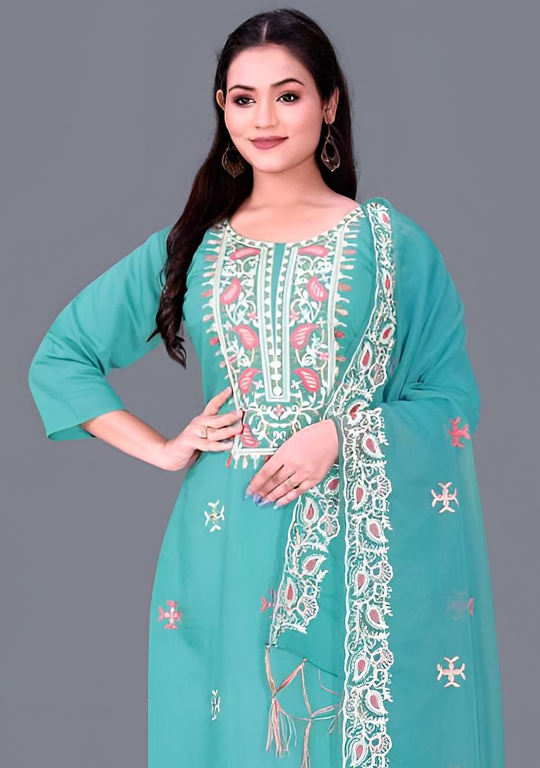 Sky Blue Embroidered Chanderi Cotton Kurta Set