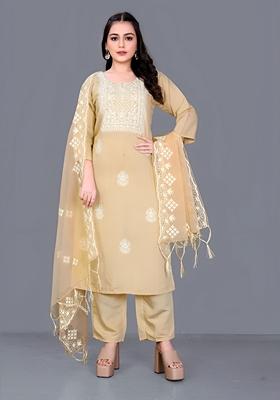 Cream Embroidered Chanderi Cotton Kurta Set