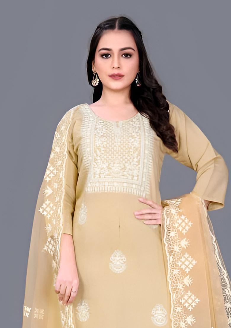 Cream Embroidered Chanderi Cotton Kurta Set