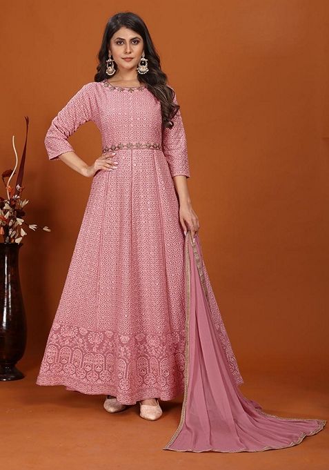 Off Pink Embroidered Faux Georgette Anarkali Kurta With Dupatta