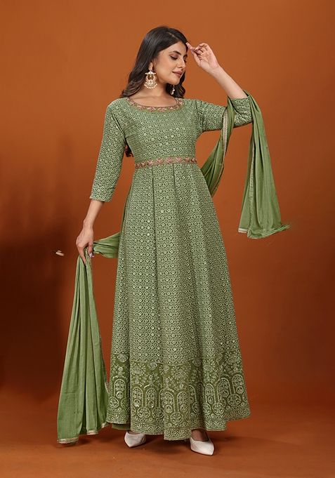 Dark Olive Green Embroidered Faux Georgette Anarkali Kurta With Dupatta