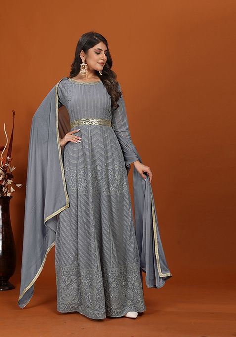 Dark Grey Embroidered Faux Georgette Anarkali Kurta With Dupatta