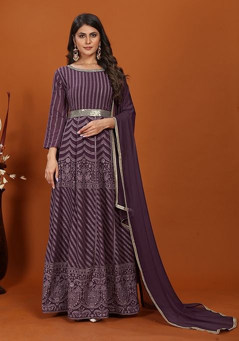 Wine Embroidered Faux Georgette Anarkali Kurta With Dupatta