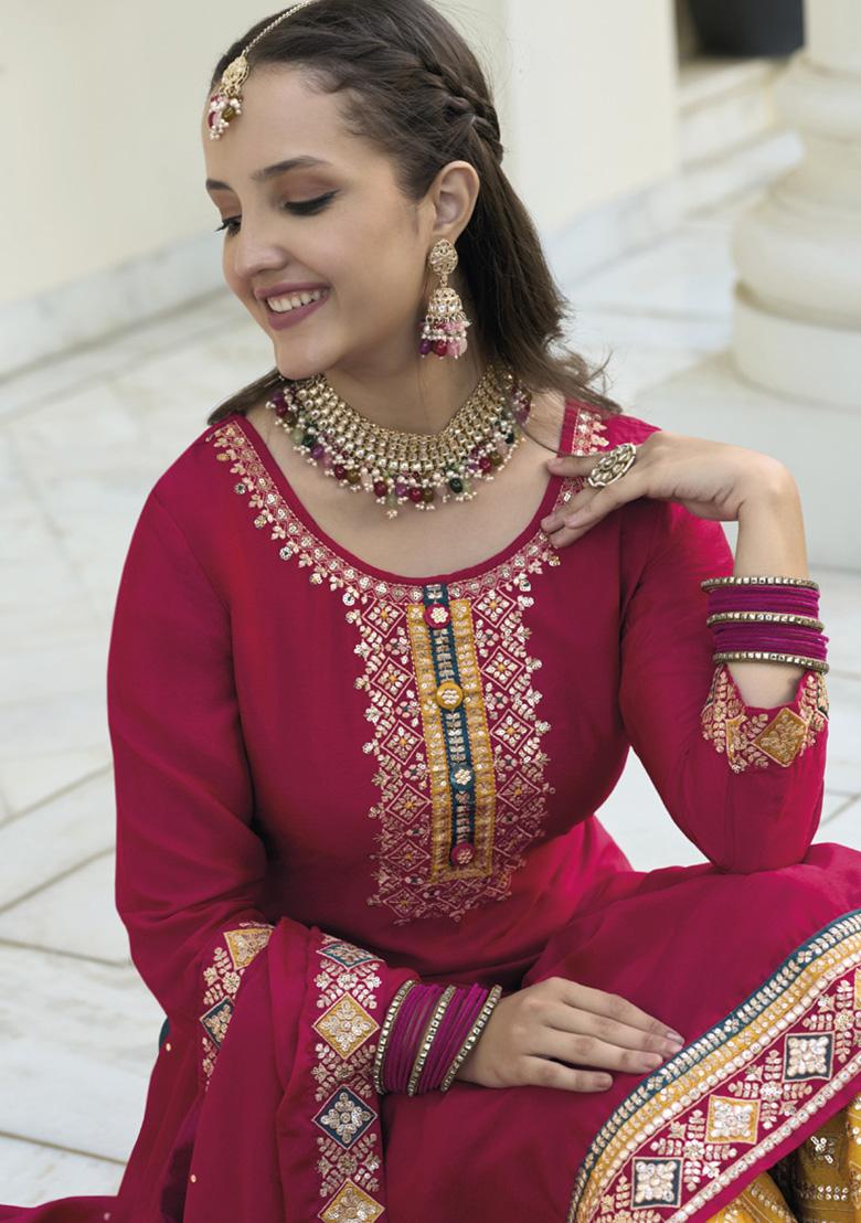 Maroon Embroidered Silk Kurta Set