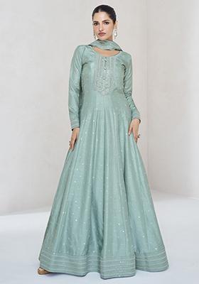 Sky Blue Embroidered Silk Anarkali Set