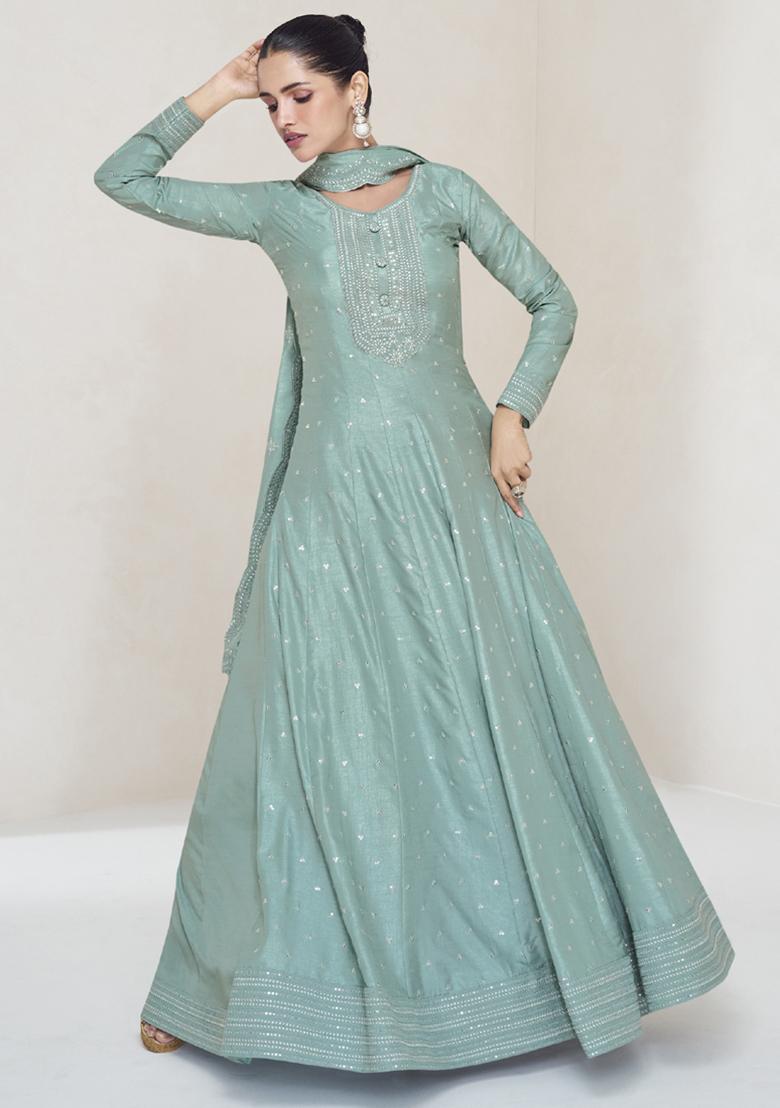 Sky Blue Embroidered Silk Anarkali Set
