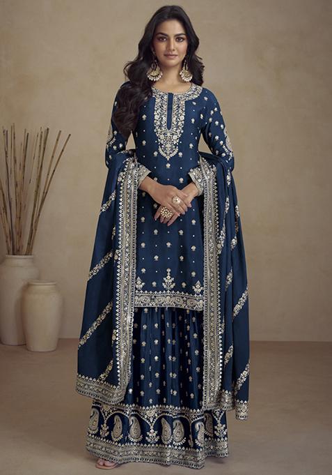 Blue Embroidered Chinon Sharara Set