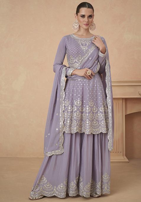 Lavender Embroidered Chiffon Kurta Set