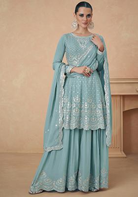 Sky Blue Embroidered Chiffon Kurta Set
