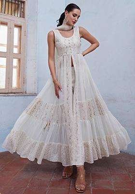 Off White Embroidered Georgette Kurta Set