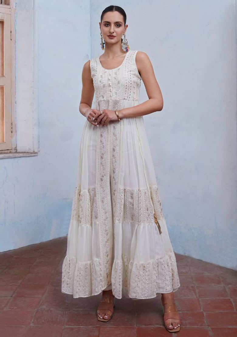 Off White Embroidered Georgette Kurta Set