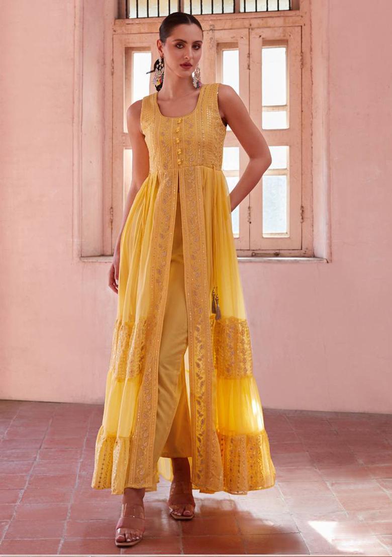 Yellow Embroidered Georgette Kurta Set