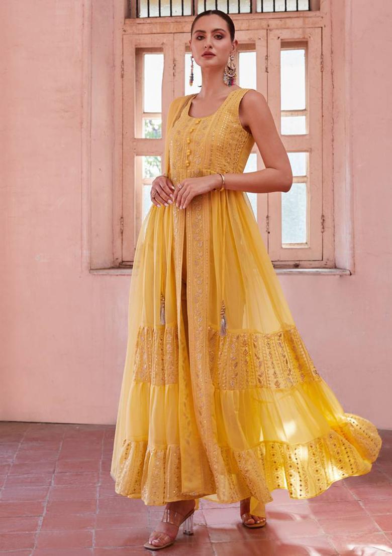 Yellow Embroidered Georgette Kurta Set