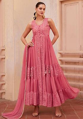 Peach Embroidered Georgette Kurta Set